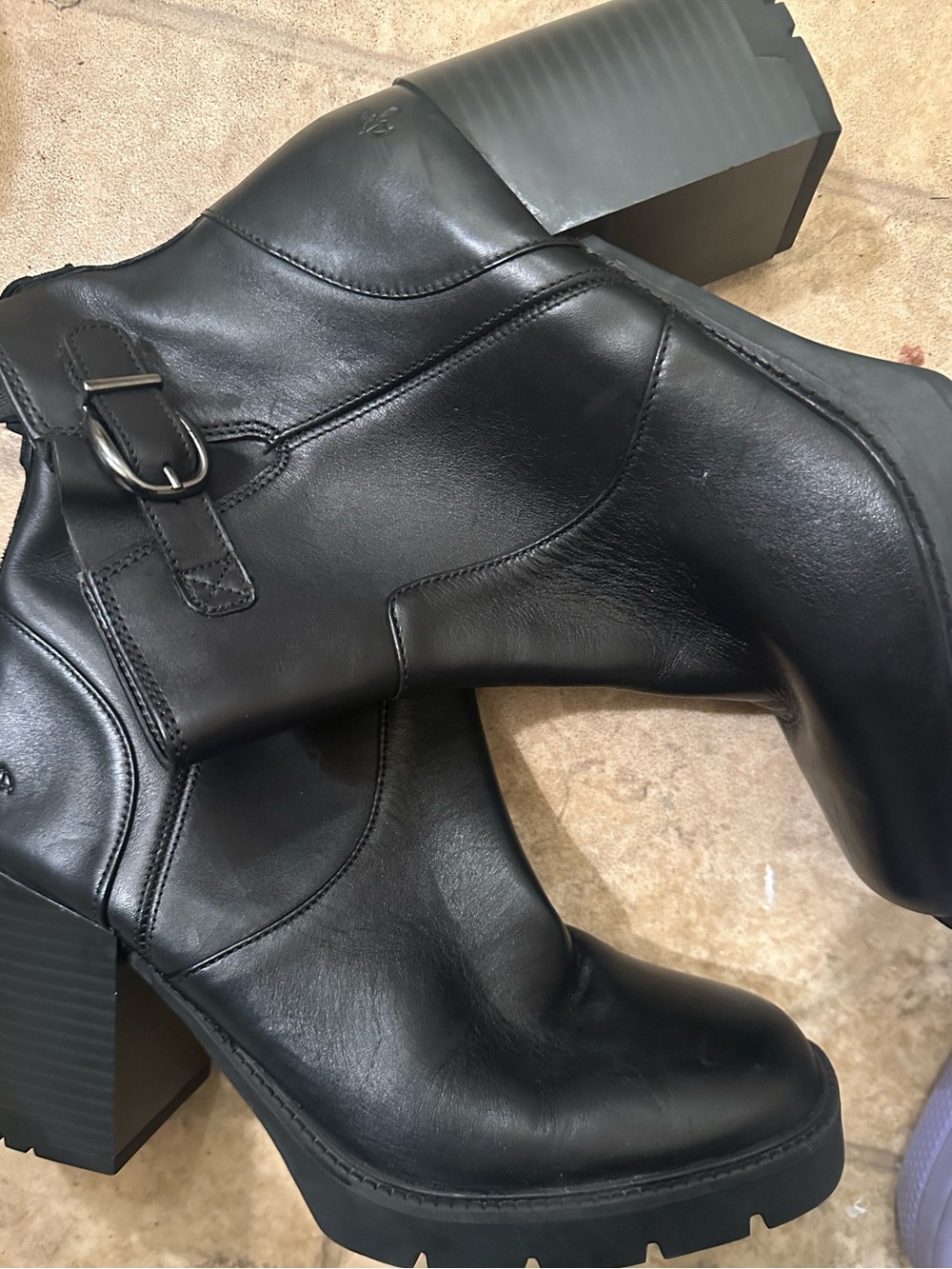 Black Leather Chunky Heel Ankle Boots